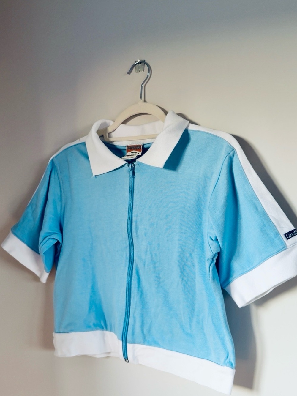 RETRO VINTAGE Y2K BLUE SHORT SLEEVE TRACK JACKET CROP TOP SIZE M